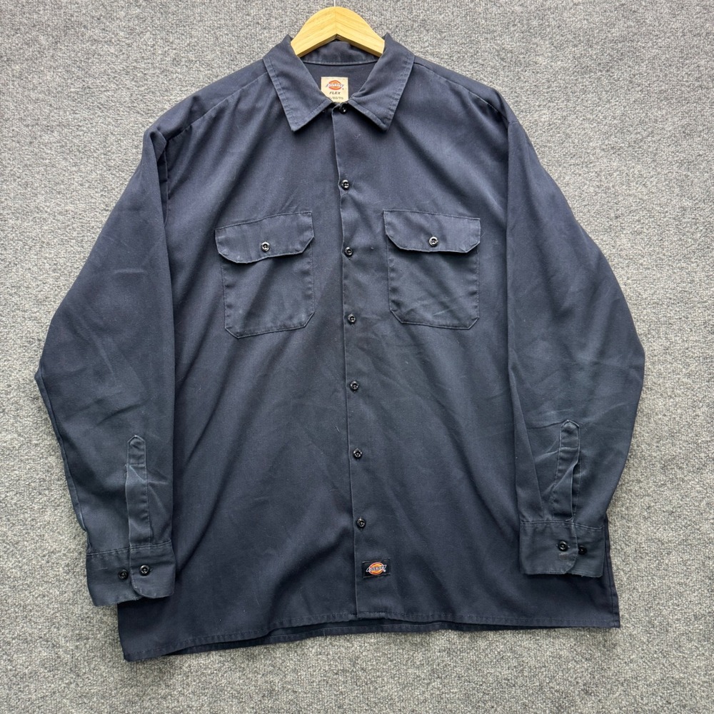 Dickies Flex Work Shirt Mens XL Navy Blue Long Sleeve Button Front Casual